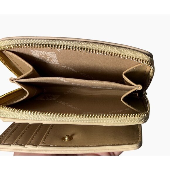 Anne Klein Small Zip Wallet Beige &‎ Gold Monogram Faux Leather Compact Design - Picture 8 of 13